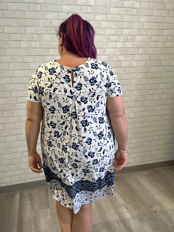 White/Navy Floral Short Sleeve Dress - J.Jill