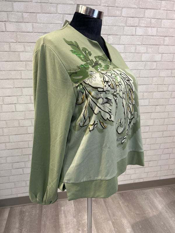 Green Split Neck Printed Top - Ulla Popken