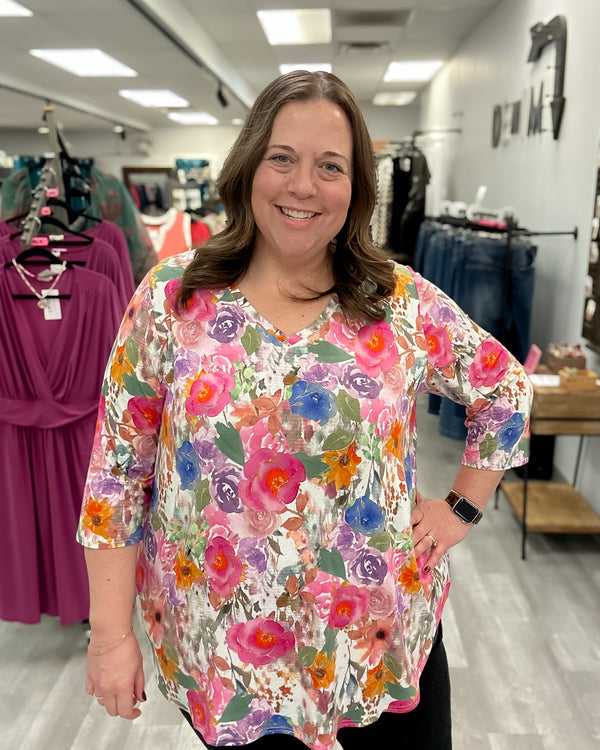 Jackie 3/4 Sleeve Bamboo Top | Pink Bouquet