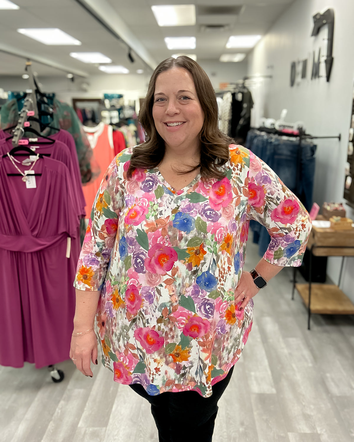 Jackie 3/4 Sleeve Bamboo Top | Pink Bouquet