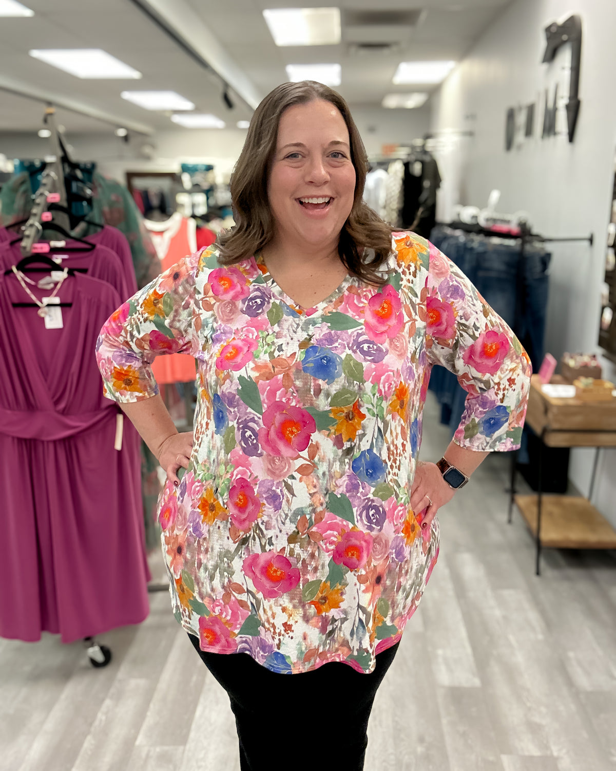 Jackie 3/4 Sleeve Bamboo Top | Pink Bouquet