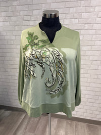 Green Split Neck Printed Top - Ulla Popken