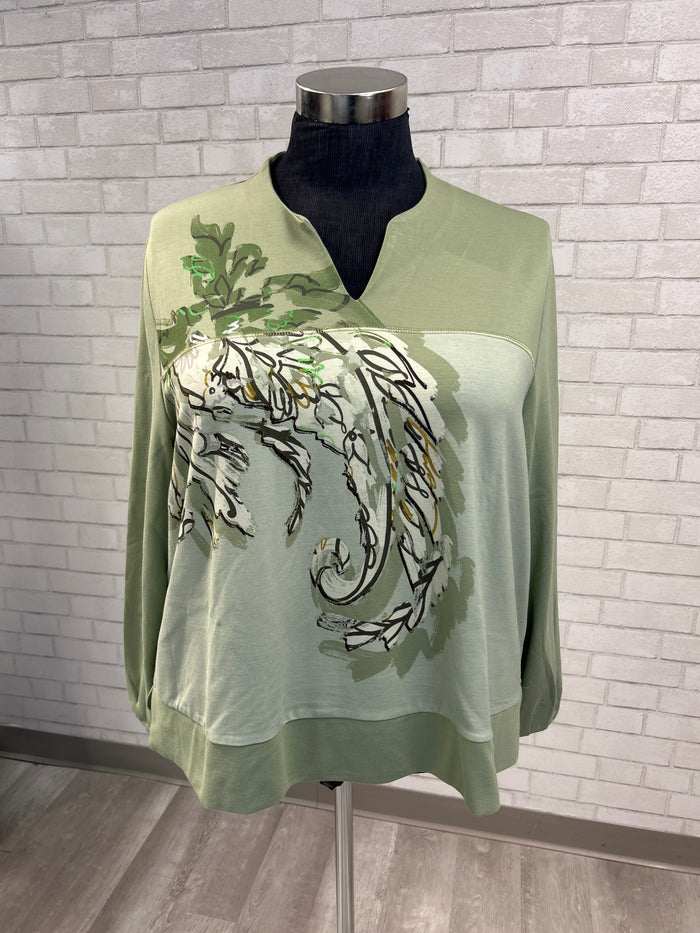 Green Split Neck Printed Top - Ulla Popken