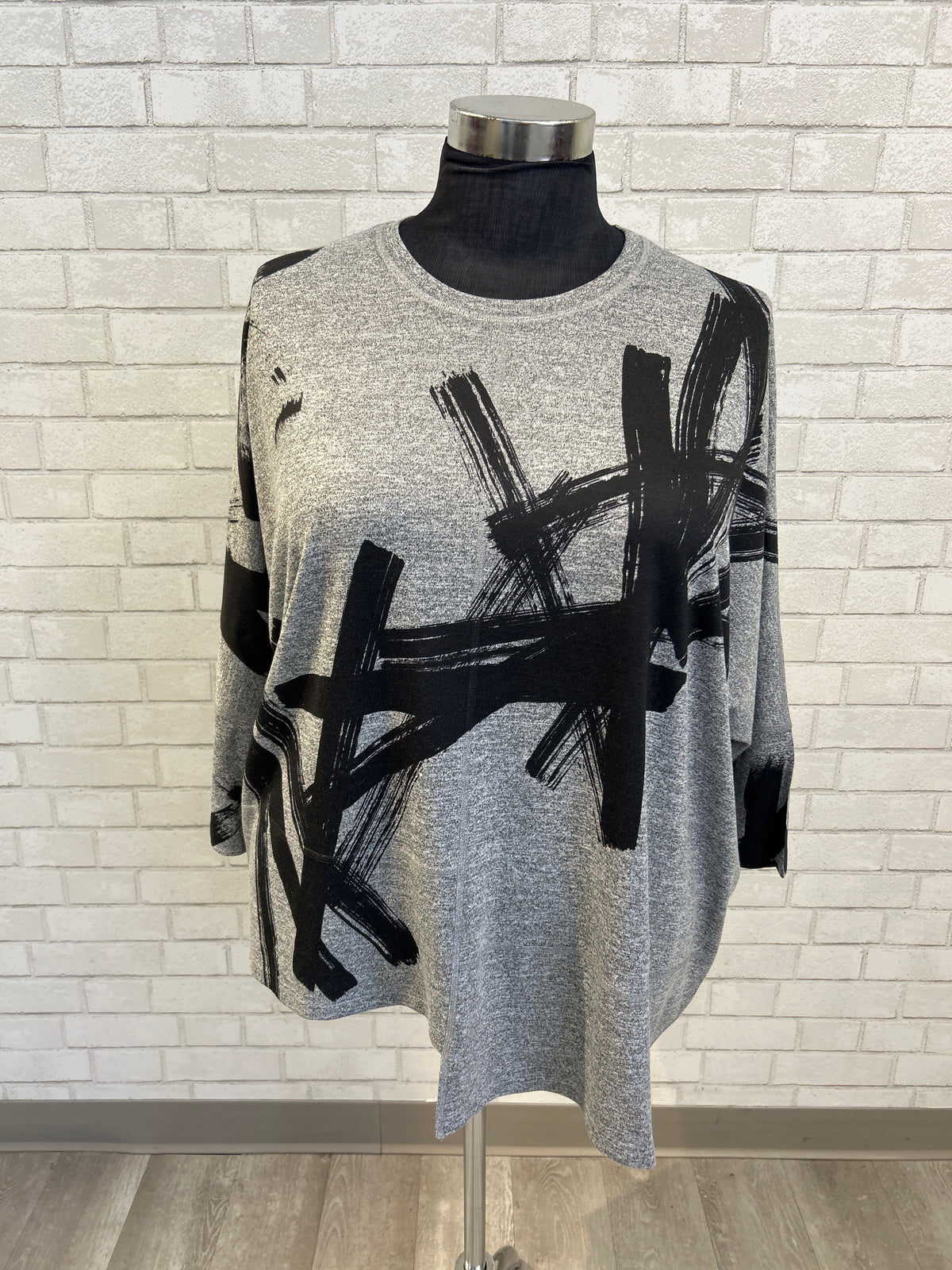 Grey Black Slashes Printed Brushed Top - Inoah