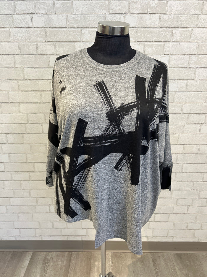 Grey Black Slashes Printed Brushed Top - Inoah