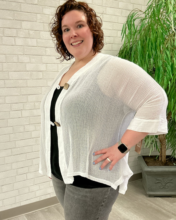 Cotton Mesh Cardigan with 2 Buttons | White