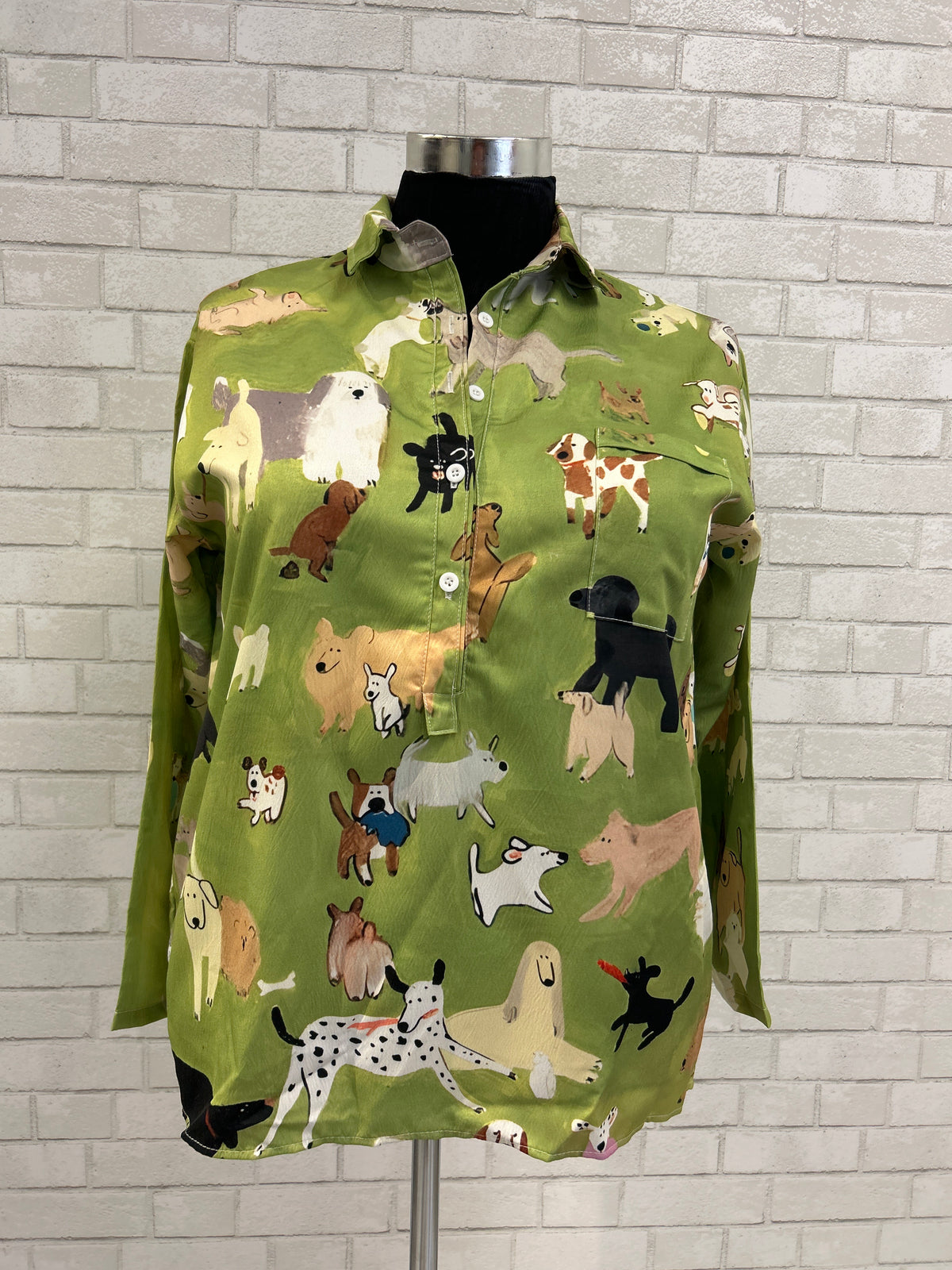 Green Dog Print 1/2 Button Blouse