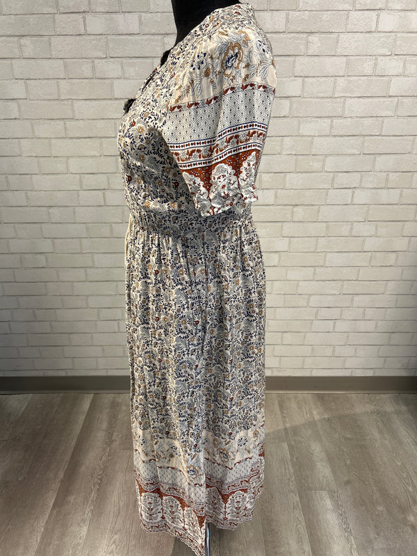 Cream/Rust/Navy/Gold Printed Maxi Dress - Bloomchic