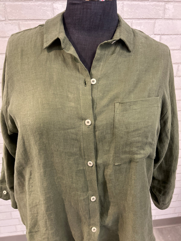 Army Green Linen Button Up - Sotela