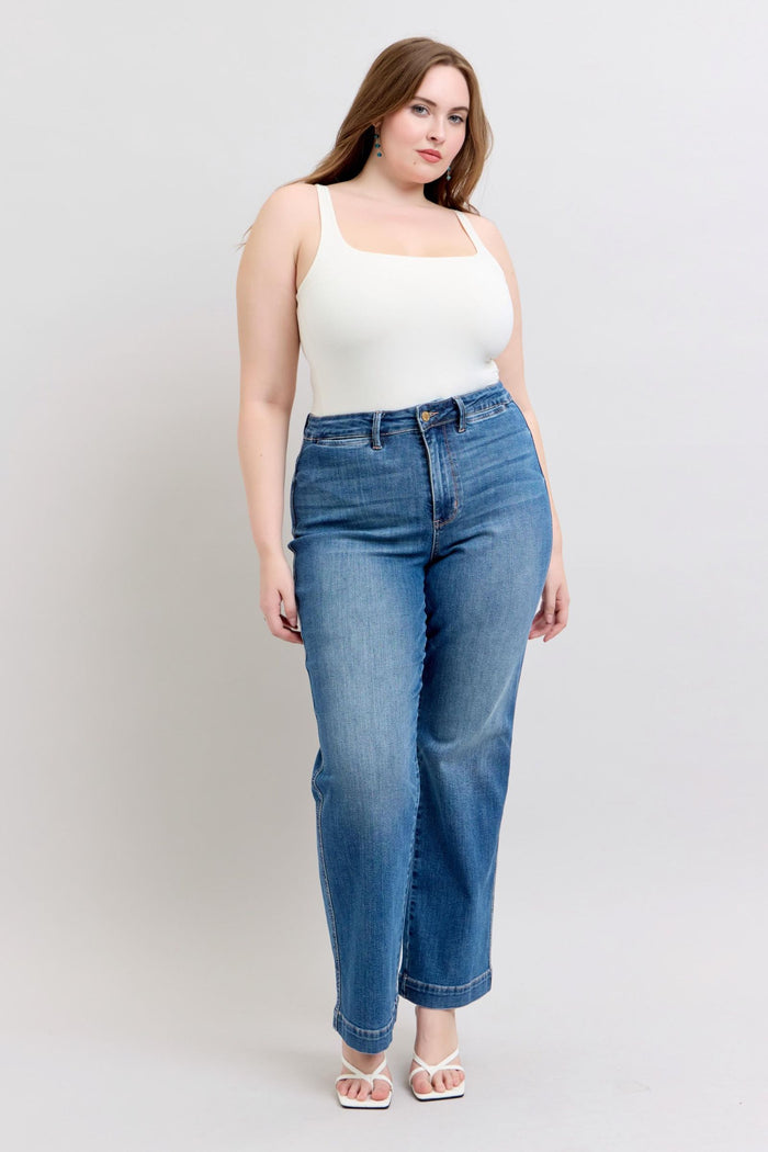 High Waist Contrast Thread Straight Leg Jeans