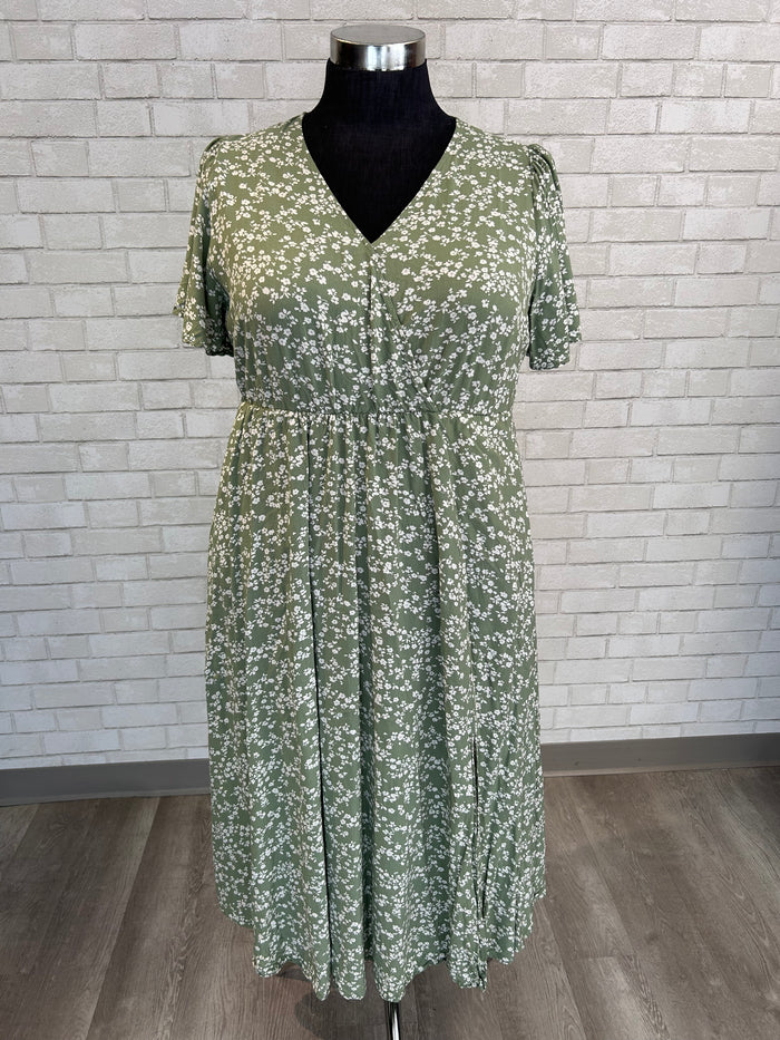 Green Floral Cross Front Dress - Bloomchic