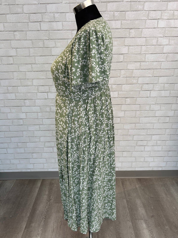 Green Floral Cross Front Dress - Bloomchic
