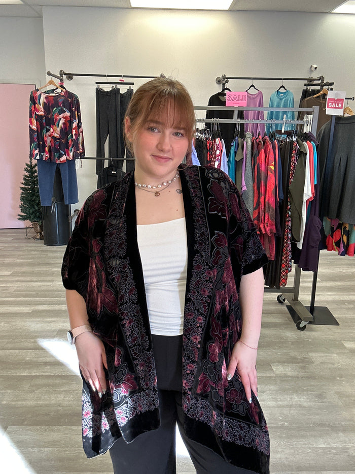 Wine & Black Velvet Burnout Kimono - Cocoon House