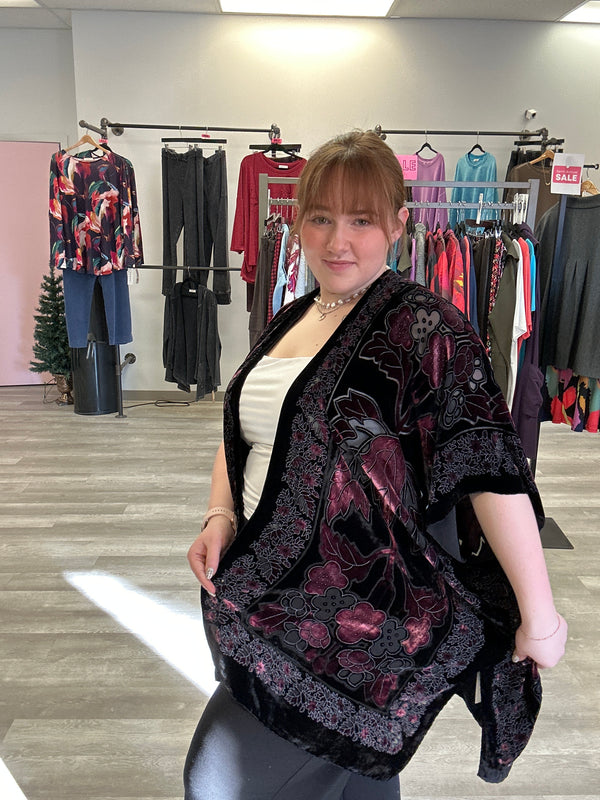 Wine & Black Velvet Burnout Kimono - Cocoon House