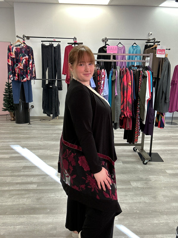 Black/Burgundy Sheer Hem Open Jacket - Graver