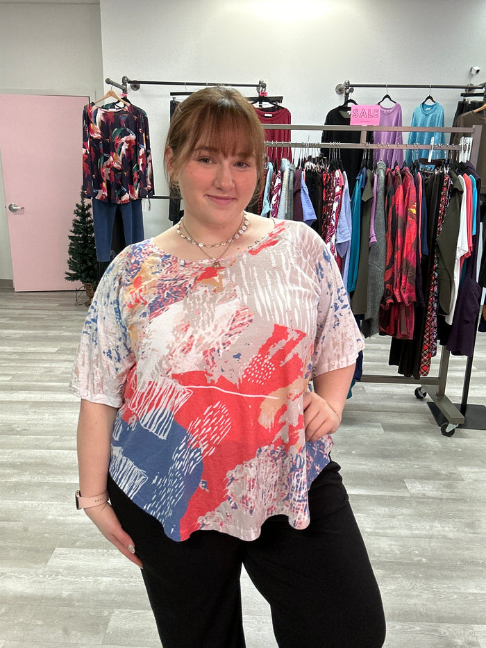 Coral/Blue Printed Tee - Cubism