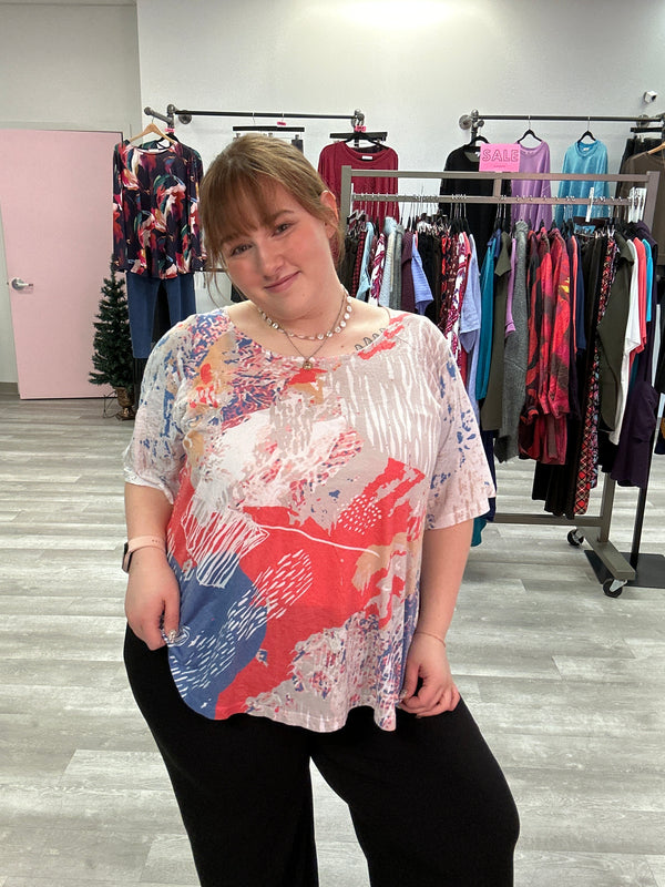 Coral/Blue Printed Tee - Cubism