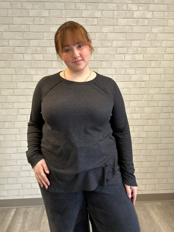 Grey Waffle Long Sleeve Top - Zenana