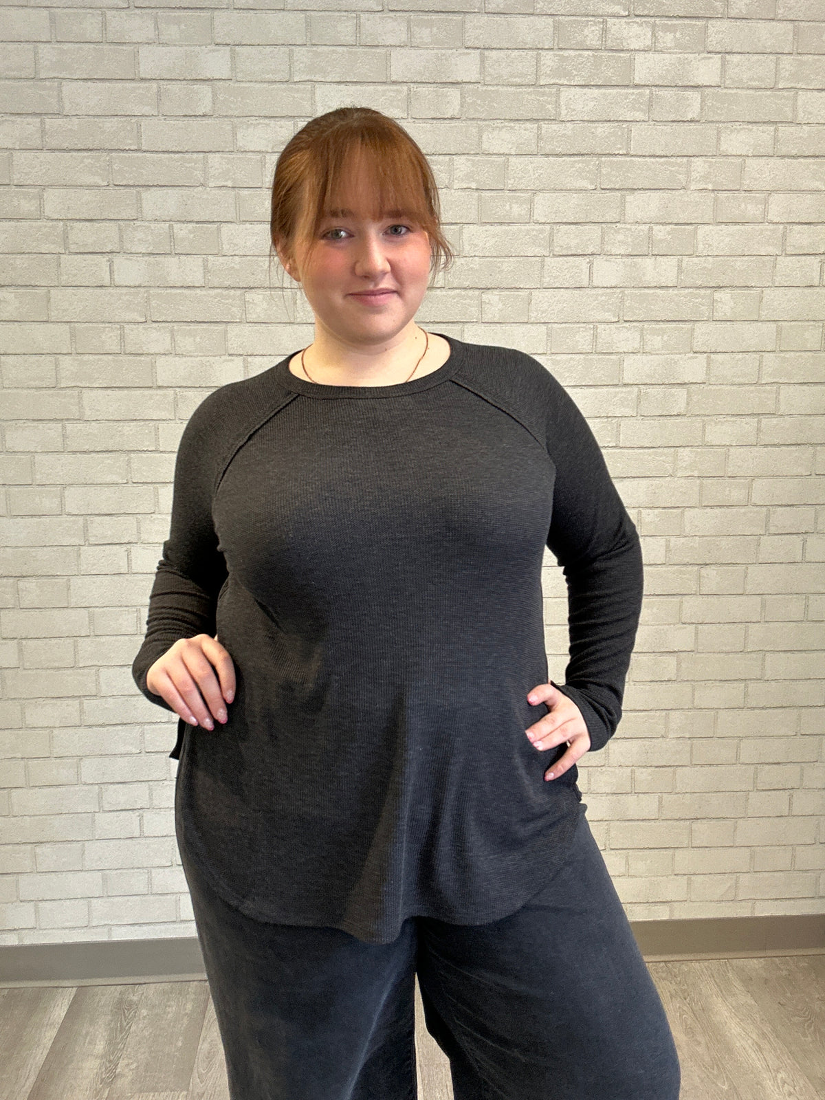 Grey Waffle Long Sleeve Top - Zenana