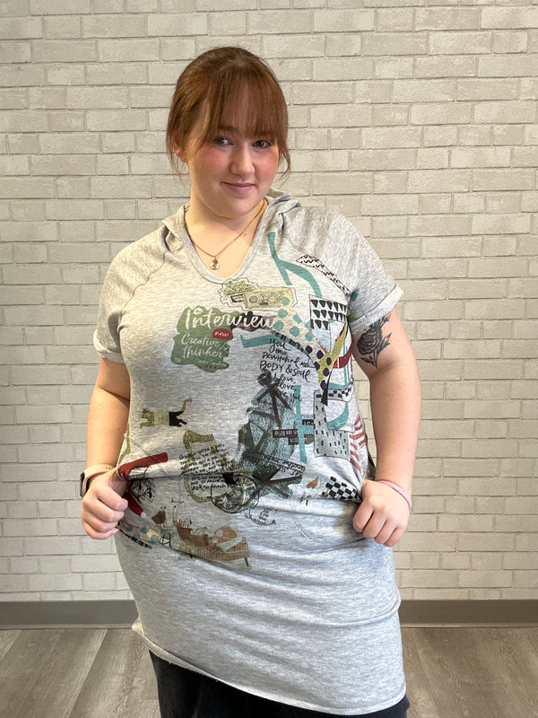 Short Sleeve Printed Hoodie Dress - Inoah