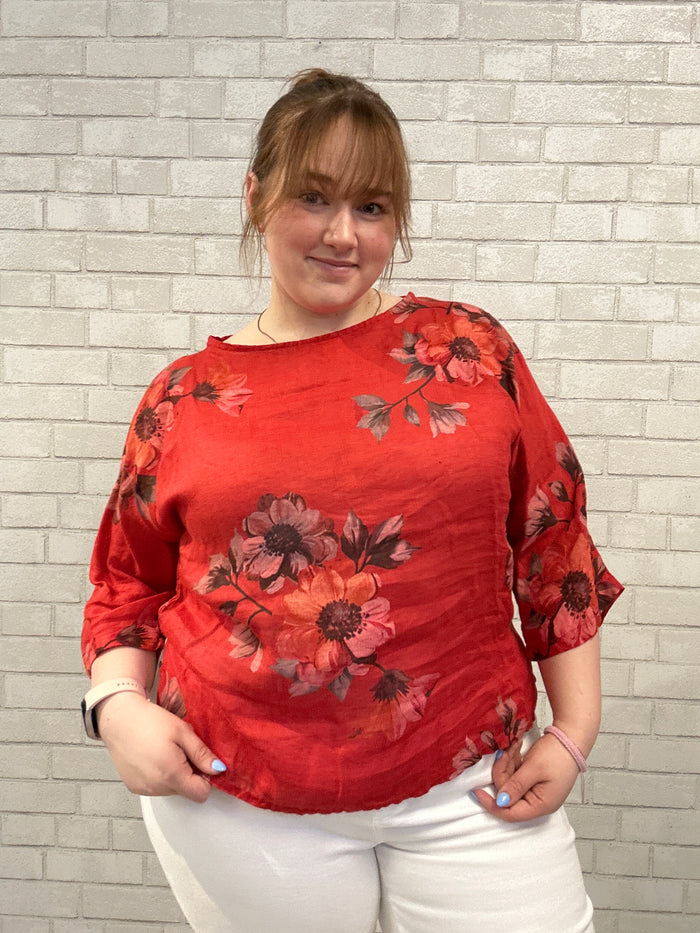 Red Floral Linen Blouse