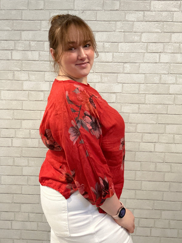 Red Floral Linen Blouse