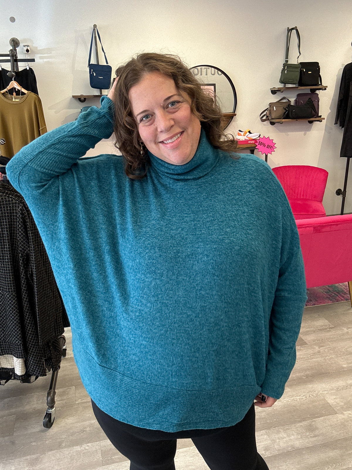 Brushed Mélange Hacci Turtleneck Sweater | Teal