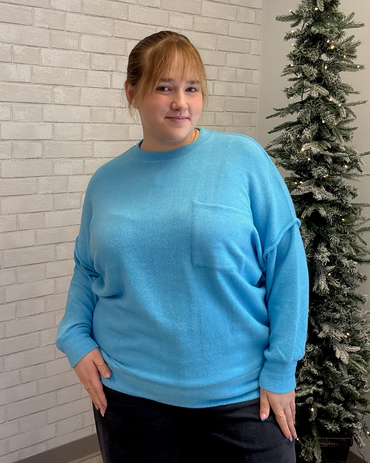 Brushed Mélange Drop Shoulder Pocket Top | Deep Sky