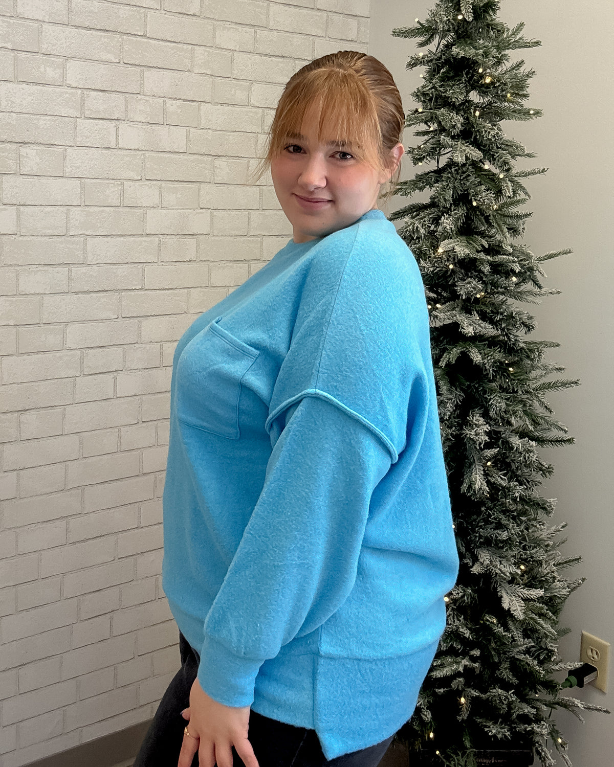 Brushed Mélange Drop Shoulder Pocket Top | Deep Sky