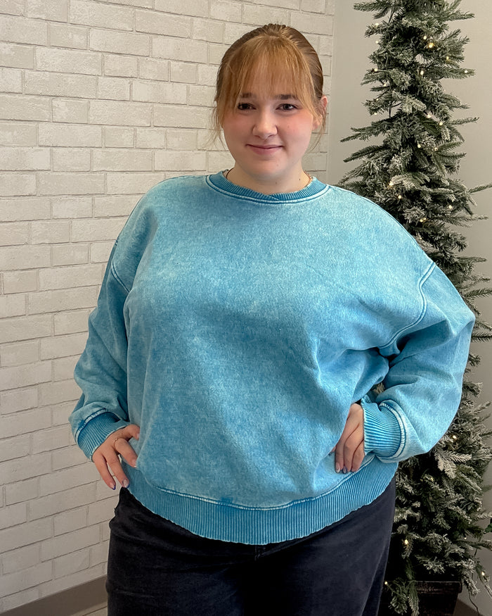 Acid Wash Oversized Fleece Pullover | Deep Sky