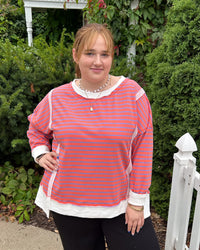 Stripe Step Hem Pullover | Coral