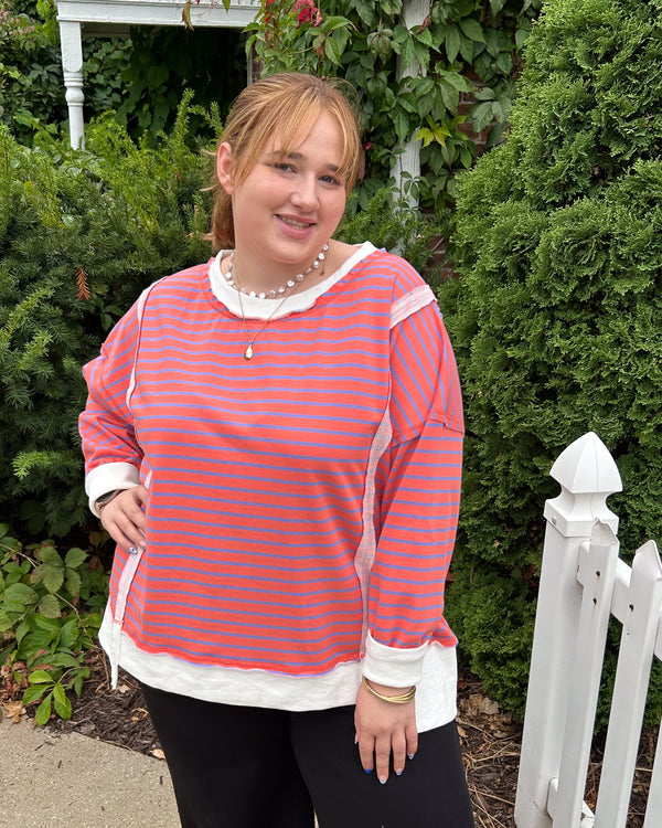 Stripe Step Hem Pullover | Coral