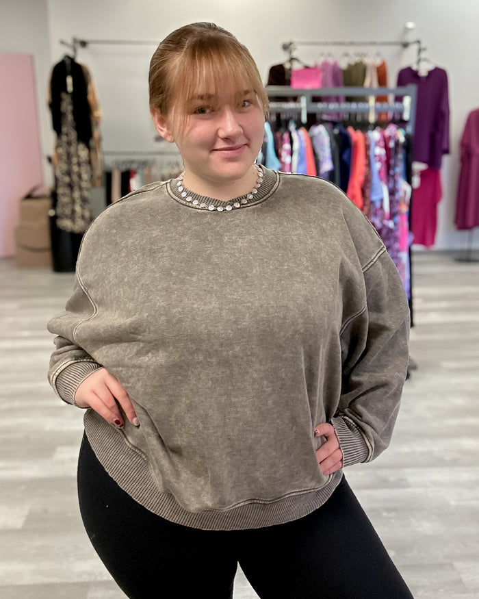 Acid Wash Oversized Fleece Pullover | Dark Olive