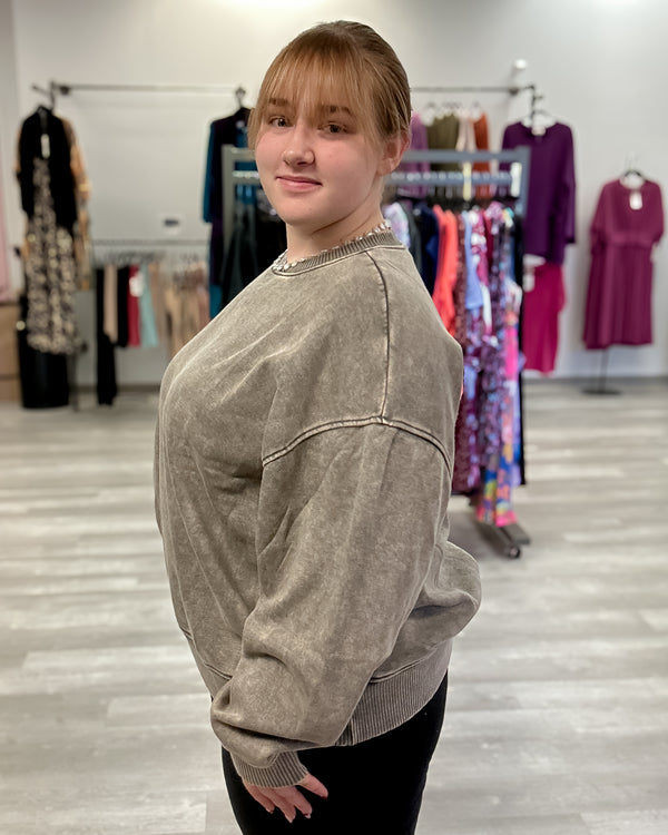 Acid Wash Oversized Fleece Pullover | Dark Olive