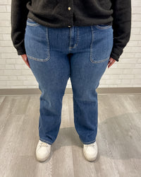 Mid Rise 90's Straight Front Patch Double Pocket Jeans