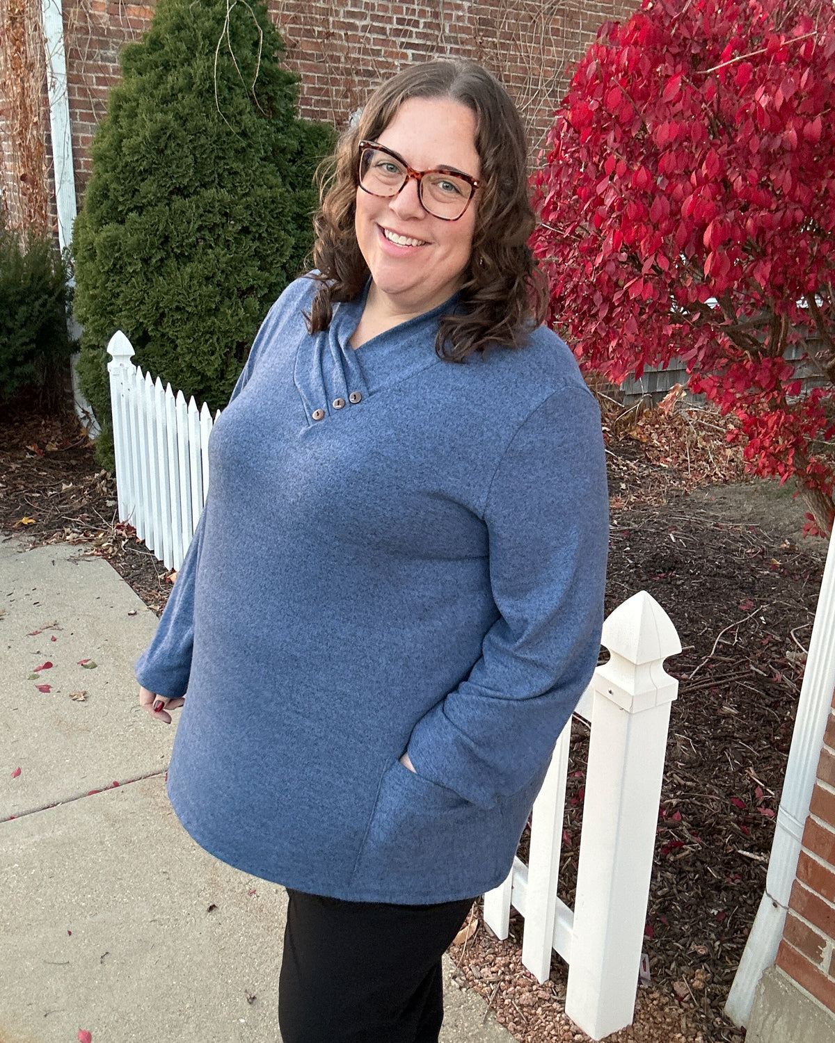 Brushed Hacci Foldover Neck Top | Cobalt