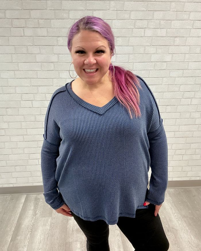 Raised Rib Long Sleeve V-Neck | Navy