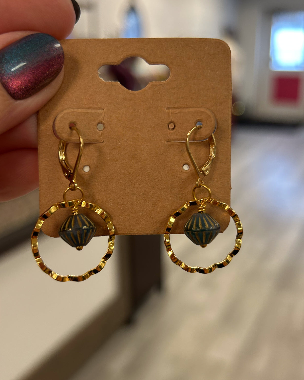 Teal Drop Gold Wavy Hoop Earrings