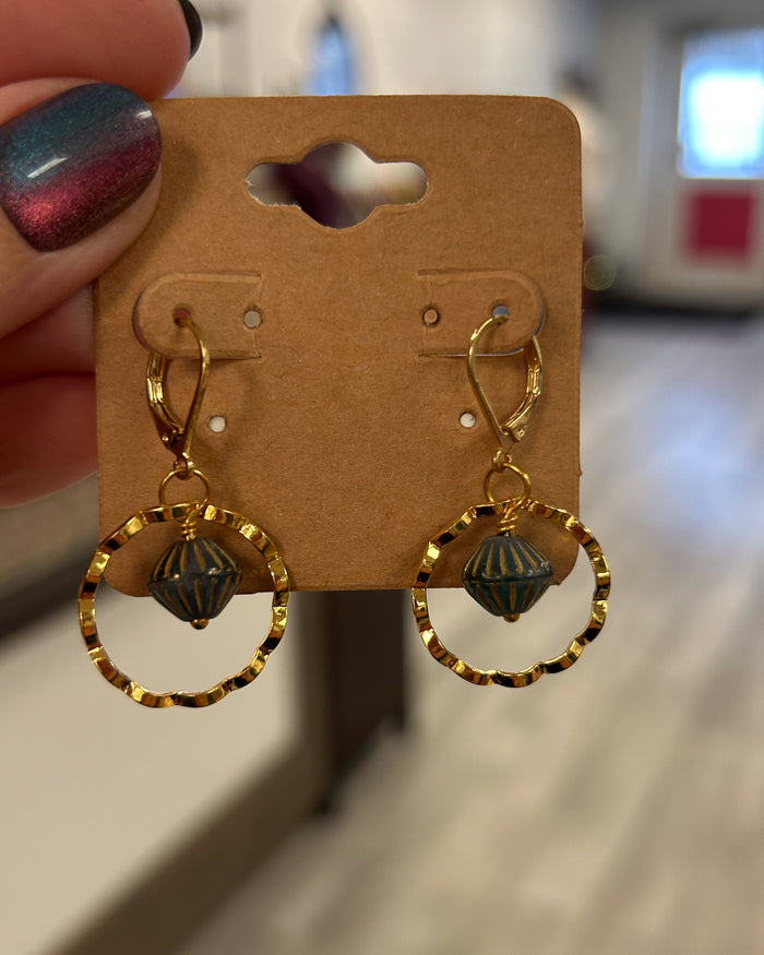 Teal Drop Gold Wavy Hoop Earrings