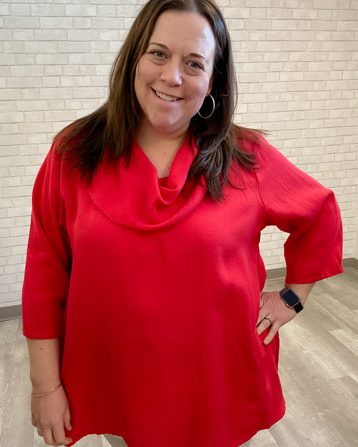 Tomato Red Cowl Neck Linen Top - Fridaze