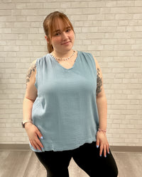 Sleeveless V-Neck Frayed Edge Top | Light Blue