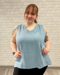 Sleeveless V-Neck Frayed Edge Top | Light Blue