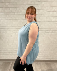 Sleeveless V-Neck Frayed Edge Top | Light Blue