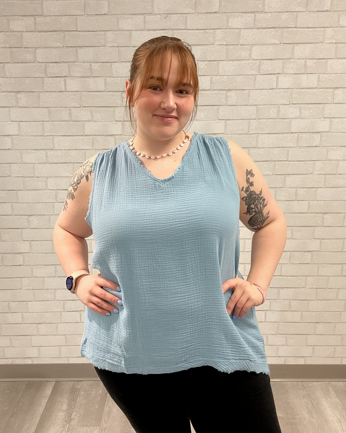 Sleeveless V-Neck Frayed Edge Top | Light Blue