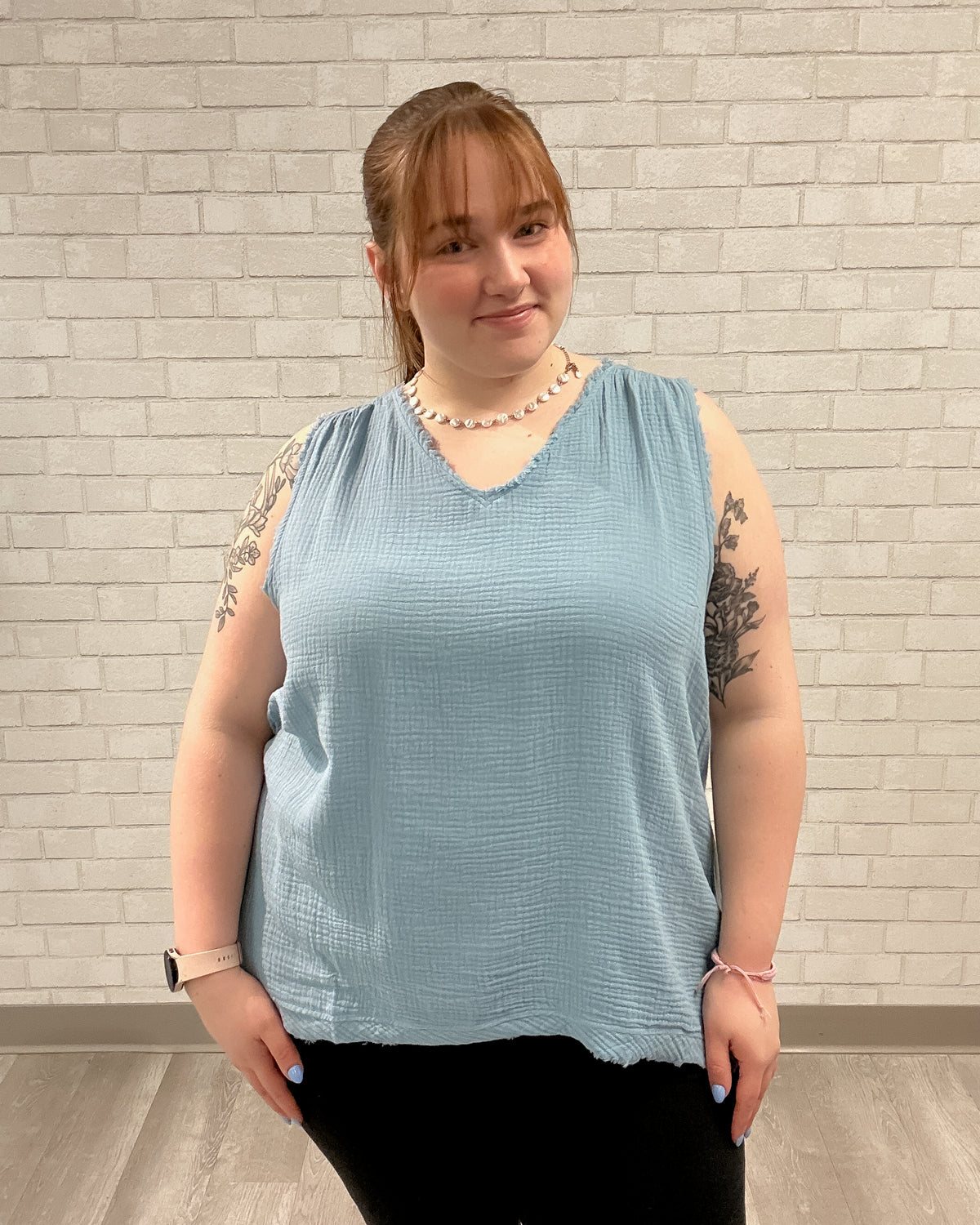 Sleeveless V-Neck Frayed Edge Top | Light Blue