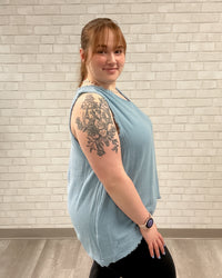 Sleeveless V-Neck Frayed Edge Top | Light Blue