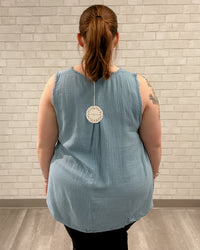 Sleeveless V-Neck Frayed Edge Top | Light Blue