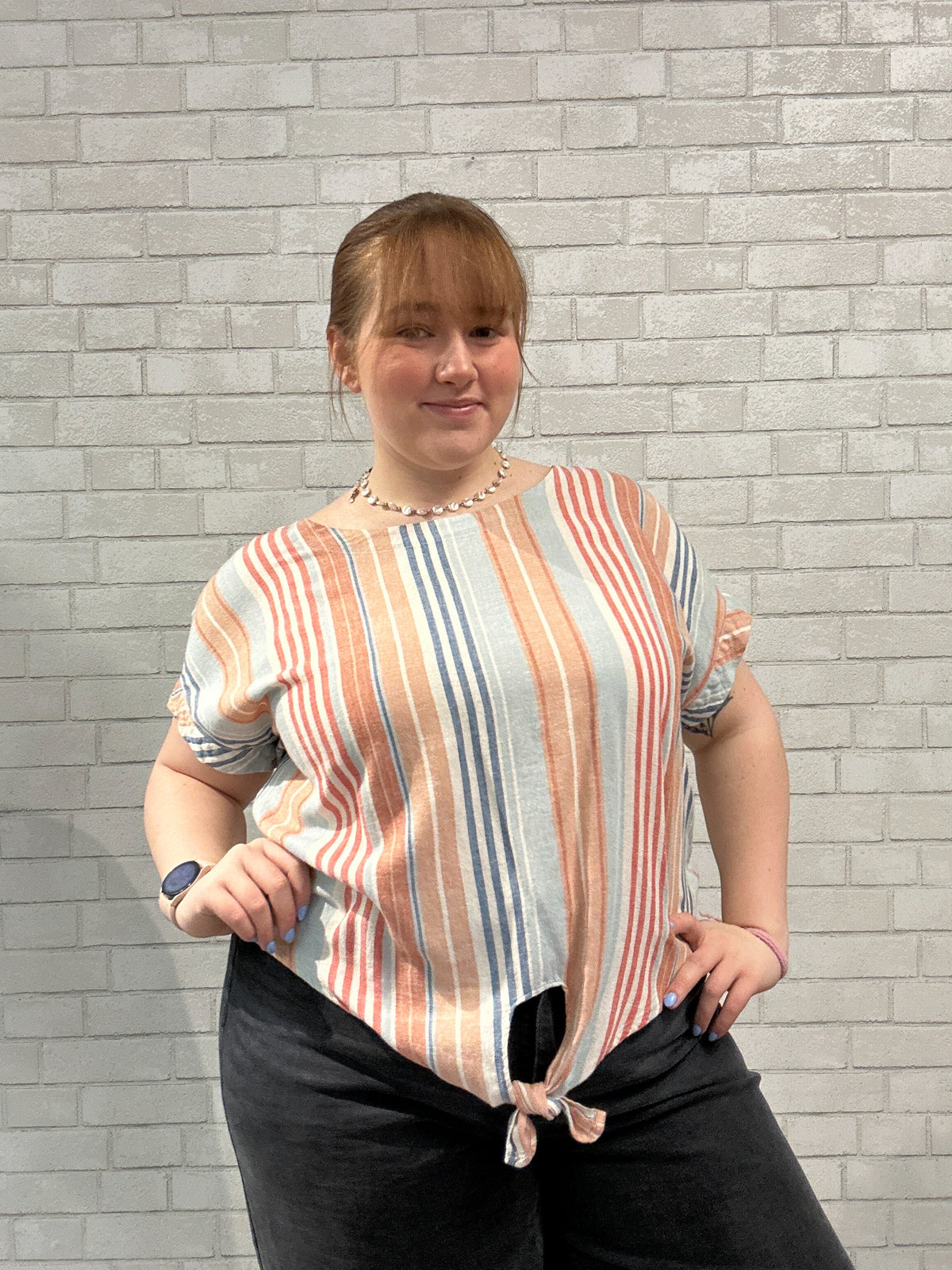 Orange & Blue Tie Hem Top - Tribal