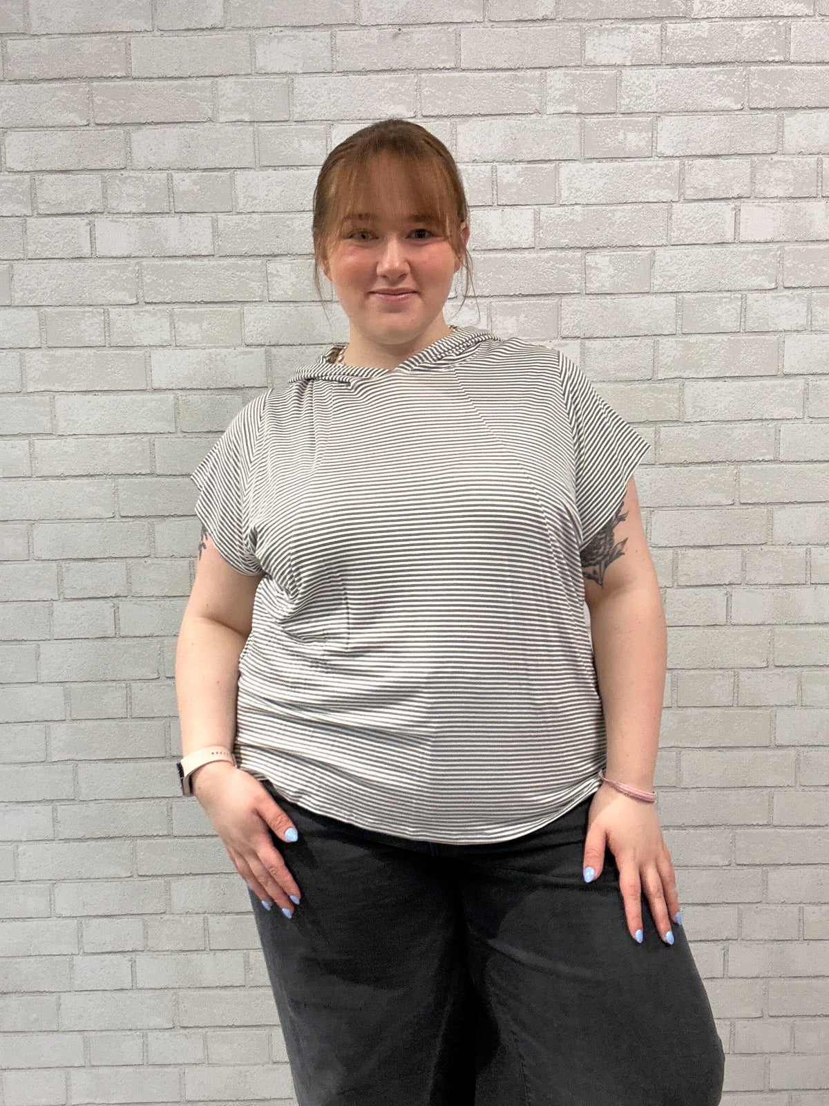 Grey/White Striped Short Sleeve Hoodie - Livi Active