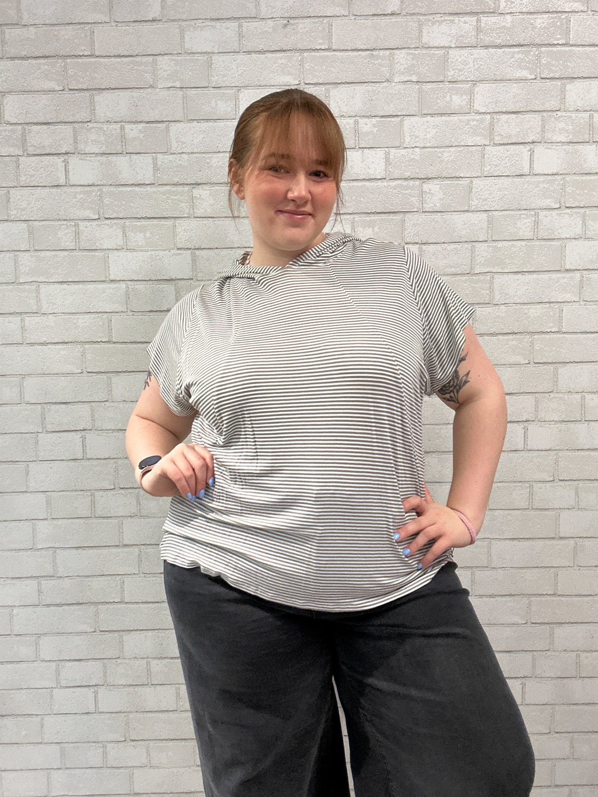 Grey/White Striped Short Sleeve Hoodie - Livi Active